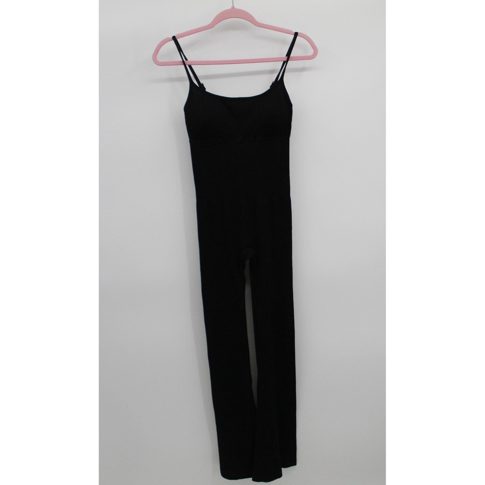 OQQ Womens Ribbed Knit Jumpsuit Black Adjustable Strap Flare Leg Side Slit Small